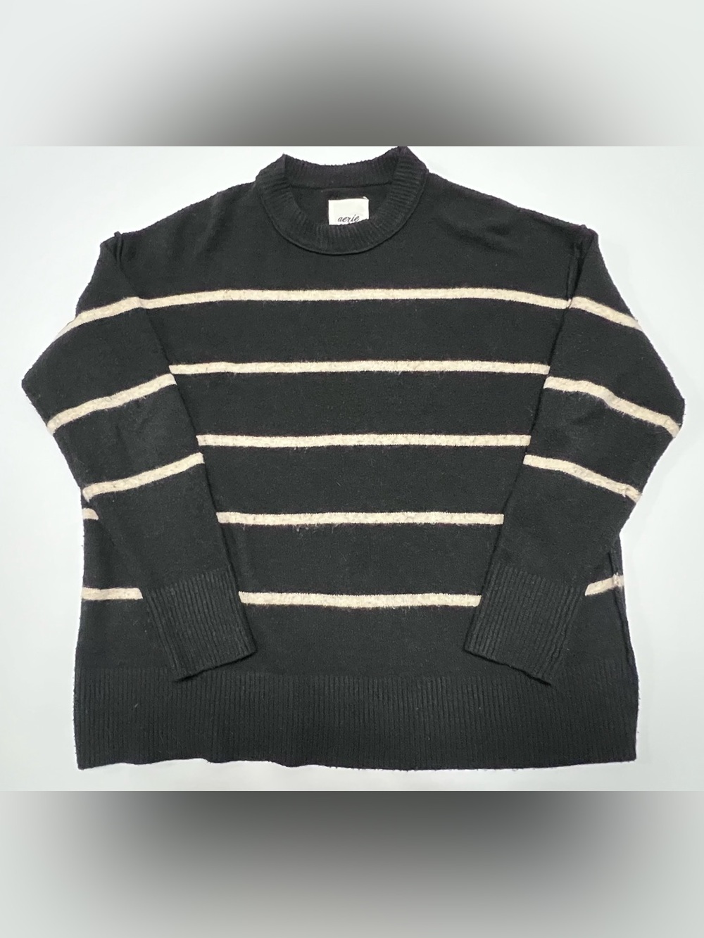Aerie Black Cream Striped Crewneck Sweater Size Small Soft Cozy Knit